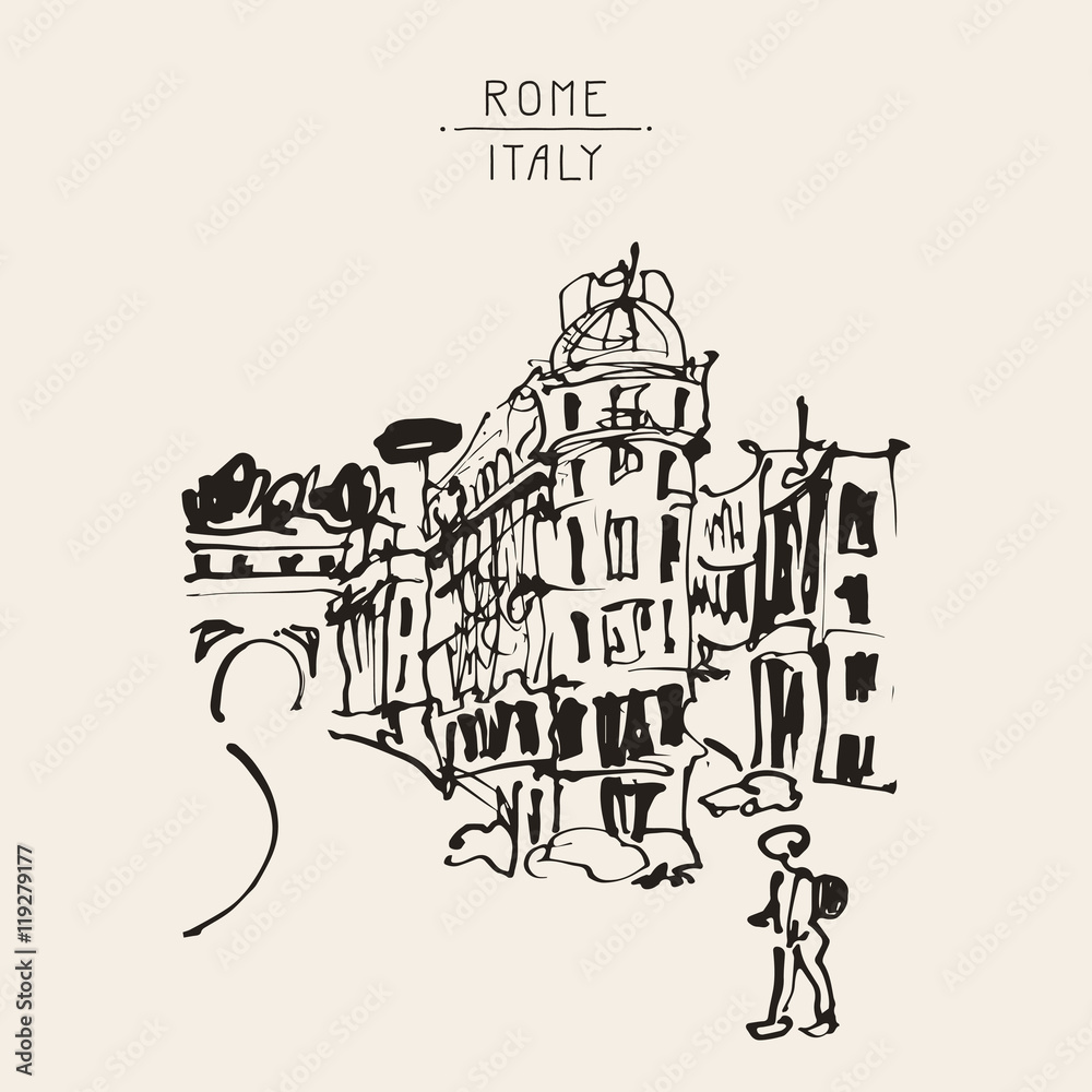 sketch hand drawing of Rome Italy famous cityscape, travel card