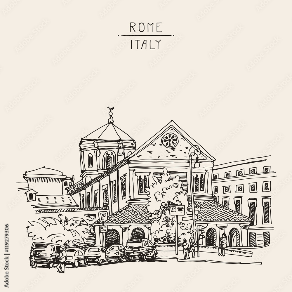 sketch drawing of Rome cityscape, Italy old historical building,