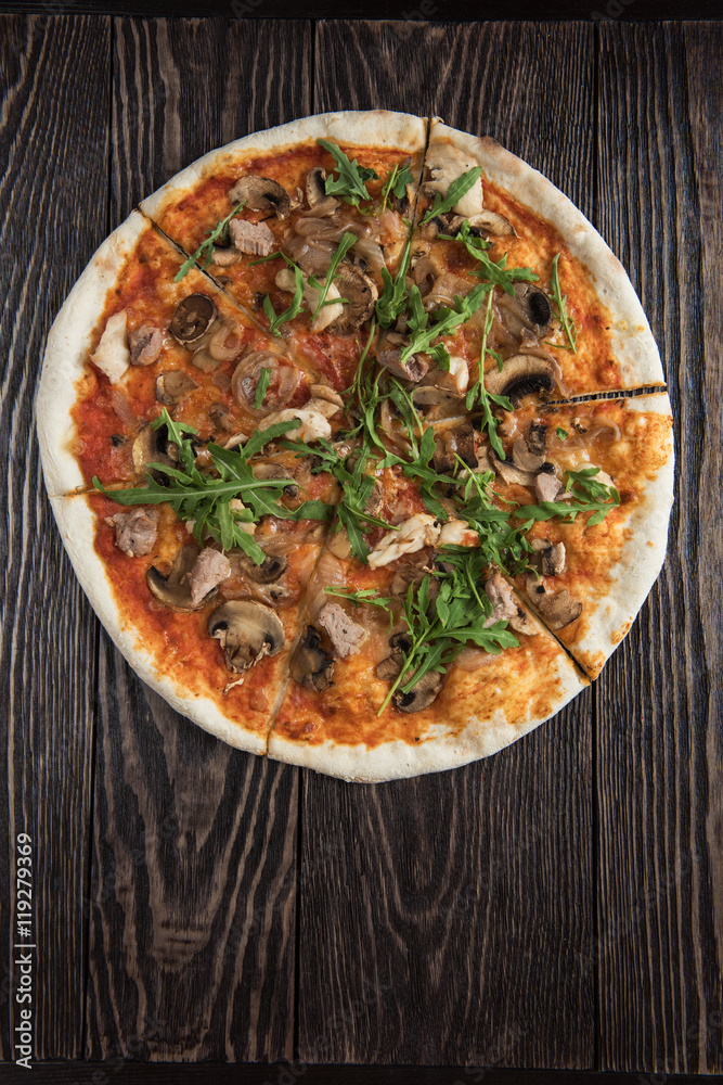 Pizza with chicken and mushrooms Pizza with chicken and mushrooms
