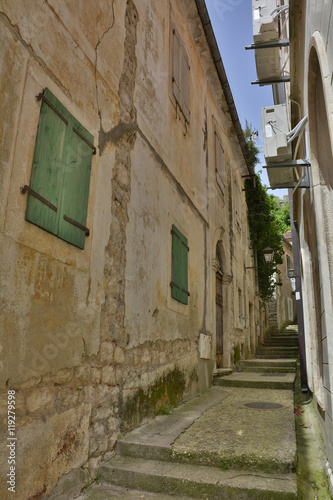An narrow old historic road in Herceg Novi Old Town  Montenegro.  