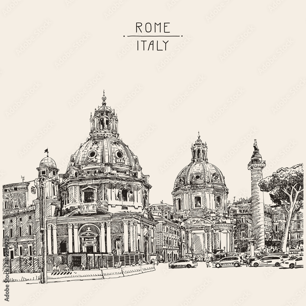 drawing of Rome Italy cityscape with lettering inscription for y
