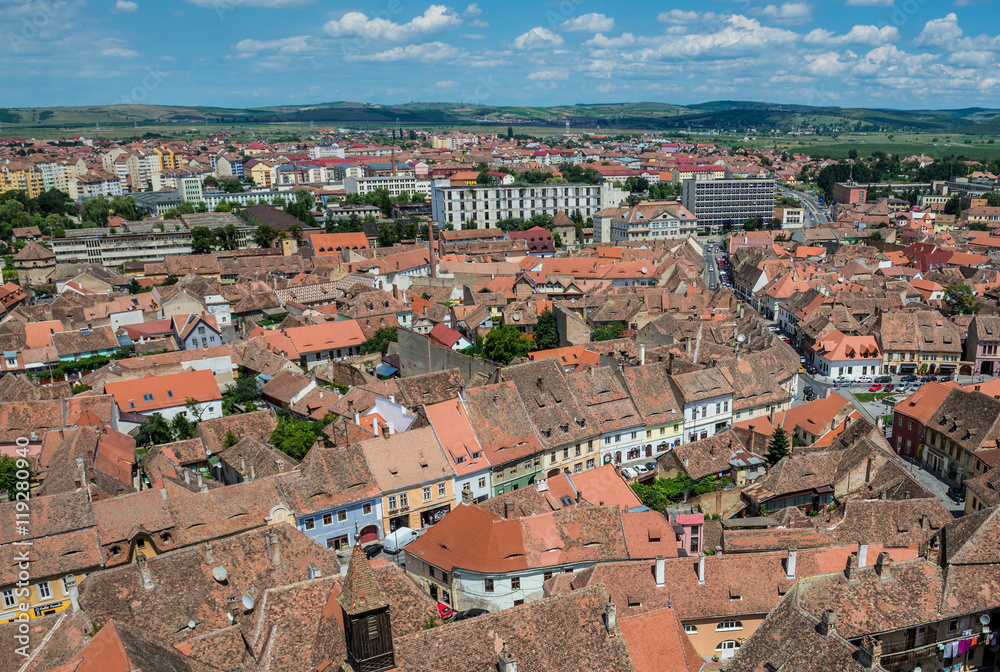 Aerial view from Saint Mary Lutheran Cathedral in Sibiu city in Romania