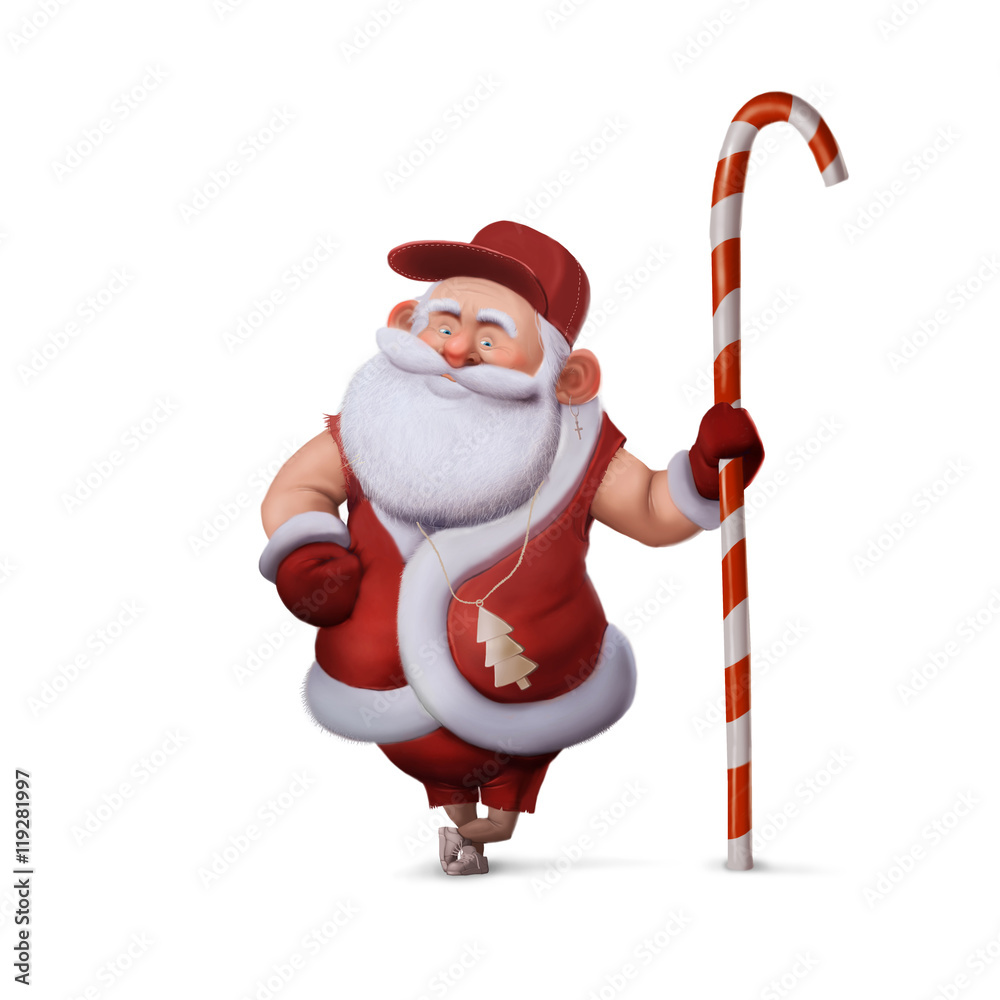 Illustration of funny Santa Claus in shorts and a baseball cap Illustration of funny Santa Claus in shorts and a baseball cap
