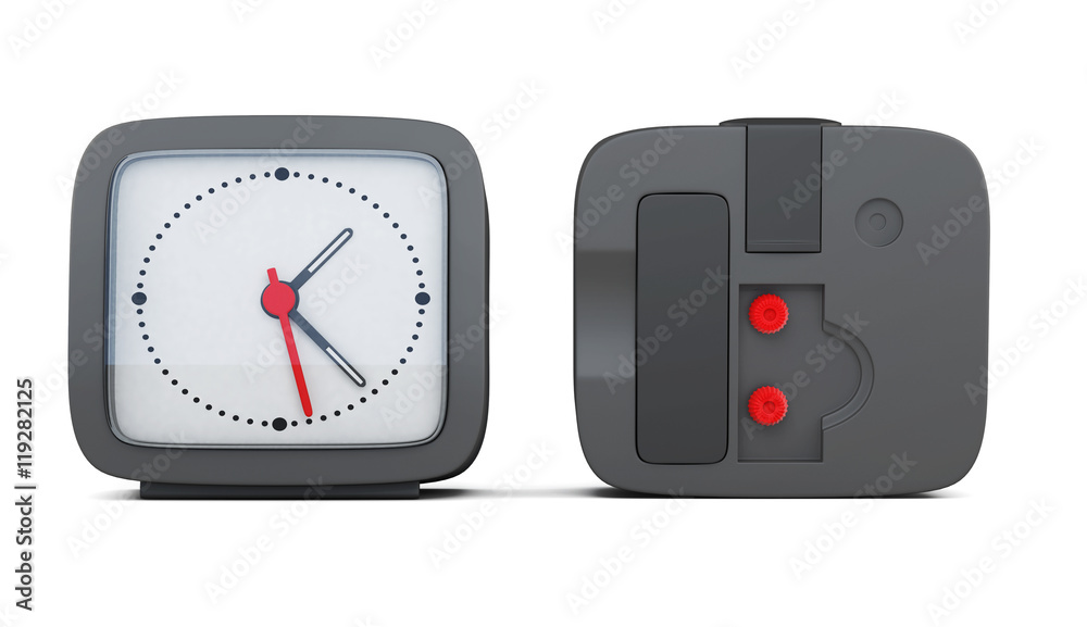 Black alarm clock with the two sides isolated on white backgroun Black alarm clock with the two sides isolated on white backgroun
