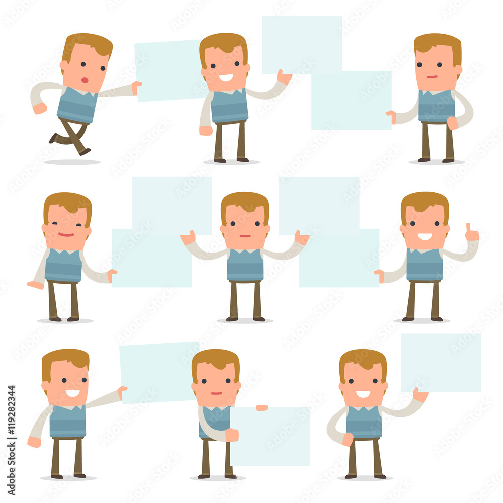 Set of Funny and Cheerful Character Family man holds and interac Set of Funny and Cheerful Character Family man holds and interac