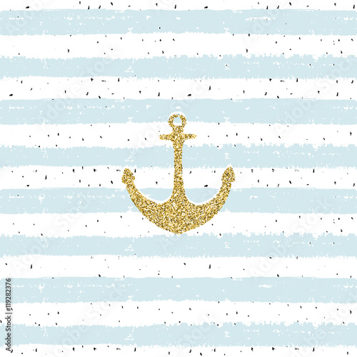 Hand drawn seamless pattern. Gold glitter anchor on striped repeat b scribble background