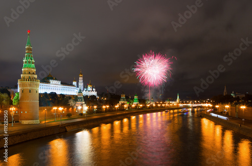 Fireworks over the Moscow Kremlin at night. View of the Moscow River  Russia