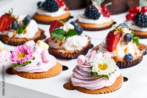 Several muffins in the foreground and lots of cakes in the background. Beautifully tameing dessert.