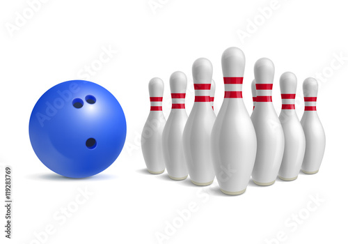 Bowling ball and skittles. Sport equipment for game. Hobby and recreation. Blue bowl and bowling pins. Vector illustration isolated on white background.