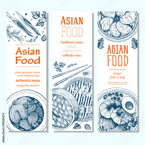 Asian food banner set. Vector illustration of asian food banner collection. Linear graphic