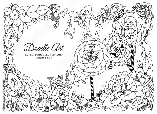 Vector illustration of floral frame. Dudlart. Coloring book anti stress for adults. Black white. photo