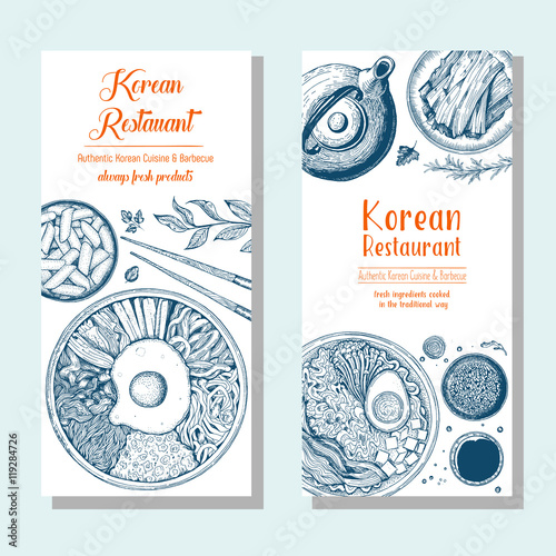 Asian food banner set. Korean food flyer collection. Linear graphic