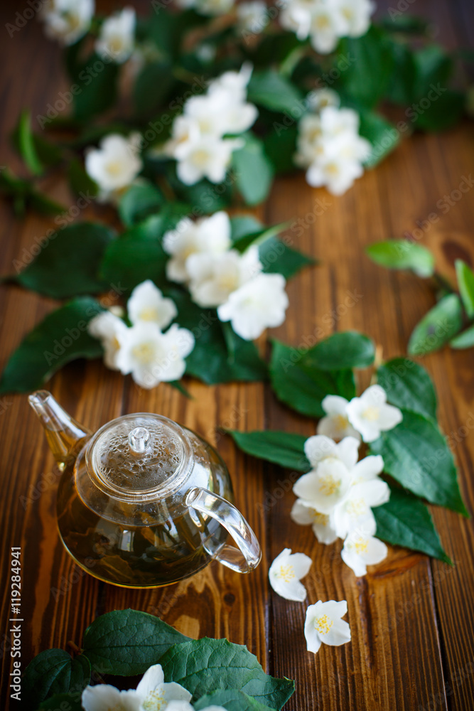 Jasmine tea in a glass pot Jasmine tea in a glass pot