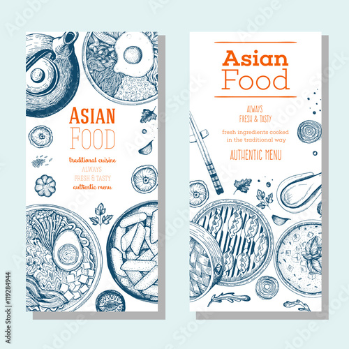 Asian food banner set. Asian food flyer collection. Linear graphic