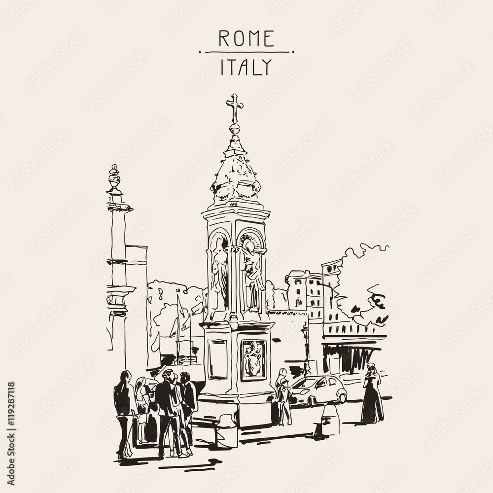 original freehand drawing travel card from Rome Italy, old itali