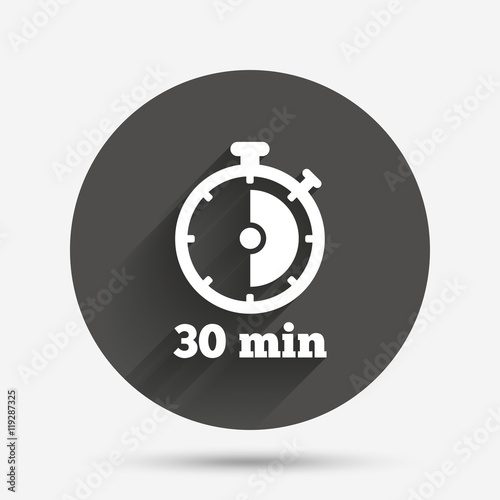 Timer sign icon. 30 minutes stopwatch symbol.