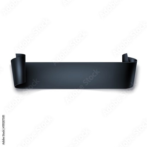 Black detailed curved ribbon isolated on white background. Curved paper banner.