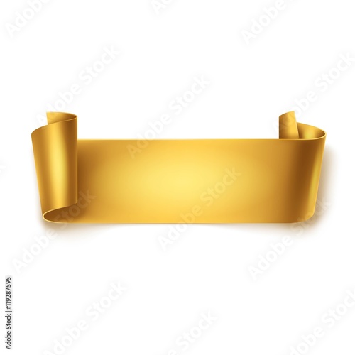 Gold detailed curved ribbon isolated on white background. Curved paper banner.