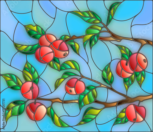 Illustration in the style of a stained glass window with the branches of Apple trees , the fruit branches and leaves against the sky
