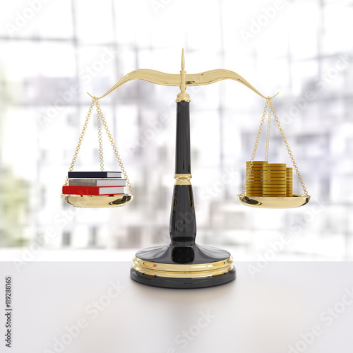 3D rendering of a balanced scale of educaiton and money photo