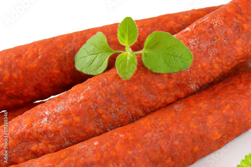 Spicy smoked Hungarian sausages photo