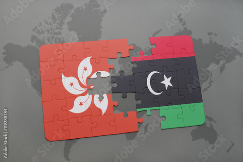 puzzle with the national flag of hong kong and libya on a world map background.