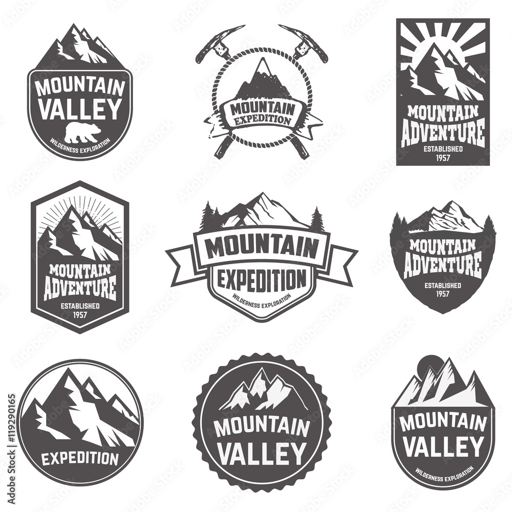 Hiking, mountains exploration labels and emblems.
