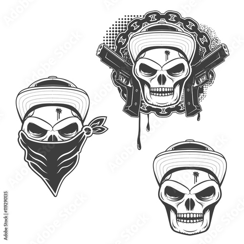 Set of  gangsta skulls isolated on white background. Design elem