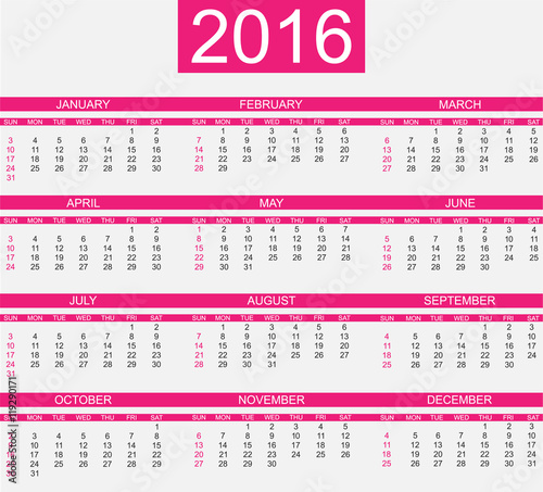 CALENDAR 2016 SIMPLE STYLE FUCHSIA