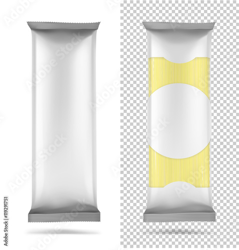 Food transparent bag with spaghetti pasta on white background. Vector illustration. Can be use for template your design, promo, adv.