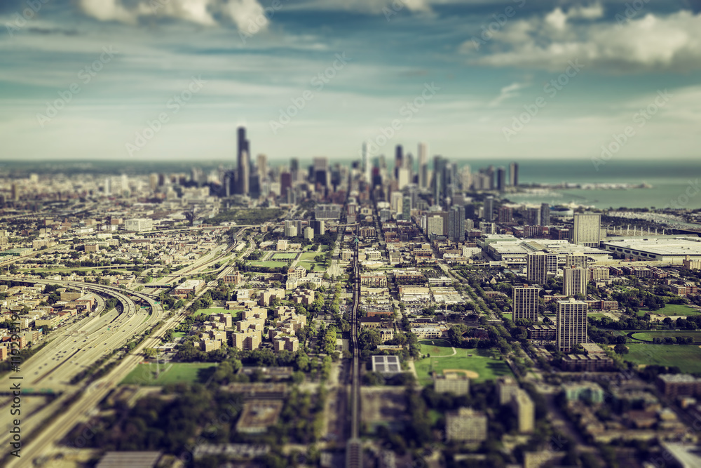 Chicago Downtown aerial view with Tilt Shift effect