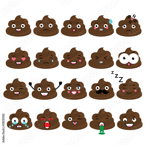 Cute vector poop emoji set. Turd emoticons, isolated design elements, icons for mobile applications, chat and other business