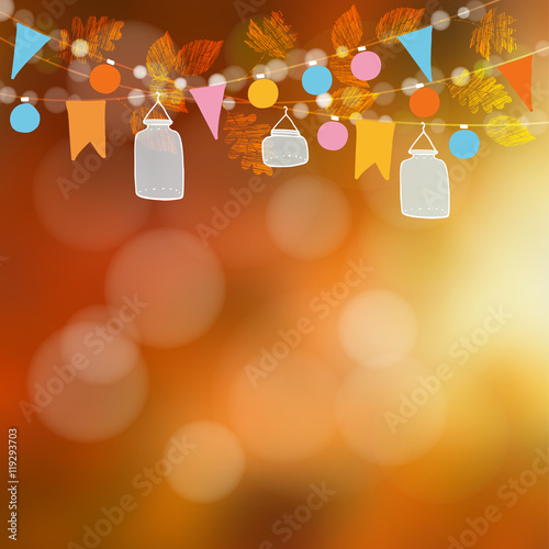 Autumn fall blurred card, banner. Garden party decoration. Vector illustration background with garland of oak, maple leaves