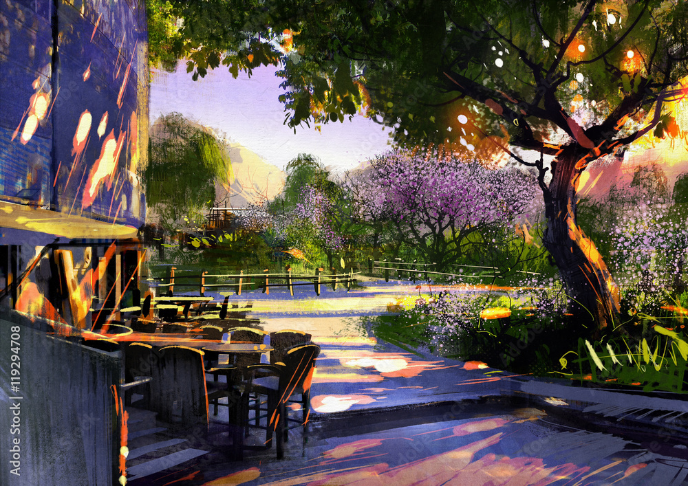 Fototapeta premium walkway in green park with sunlight,illustration painting