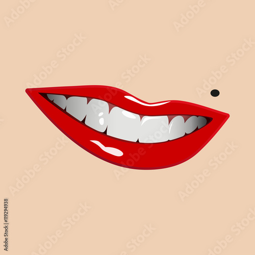 Beautiful realistic female smile vector. White teeth and red lips with a birthmark