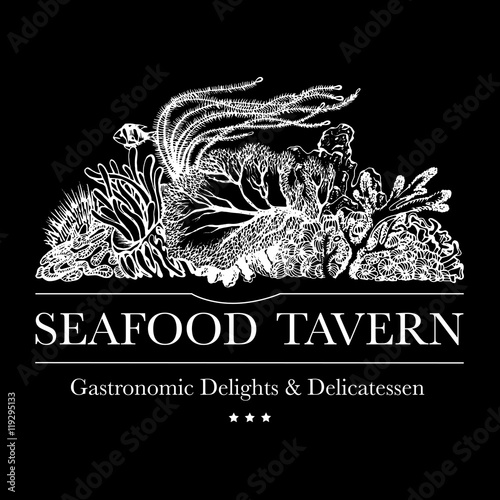 Seafood restaurant and seafood menu identity - Logo with coral reef and underwater flora. Corals, polyps, seaweed and deep water plants.  Vector Illustration
