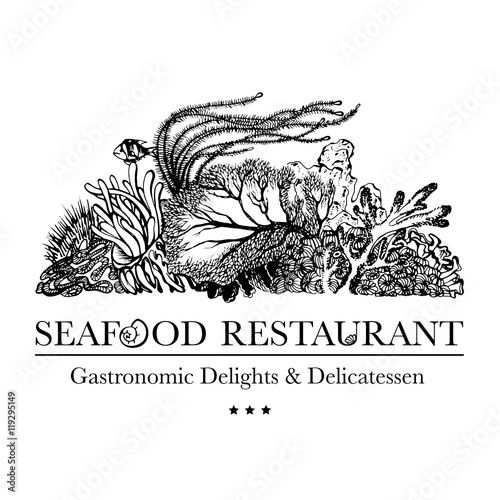 Seafood restaurant and seafood menu identity - Logo with coral reef and underwater flora. Corals, polyps, seaweed and deep water plants.  Vector Illustration