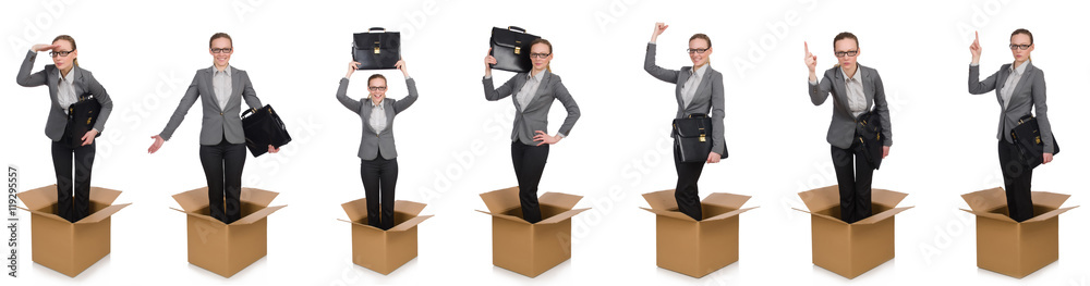 Composite image of woman with boxes on white Composite image of woman with boxes on white