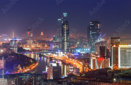 Top view of Moscow city skyline at night