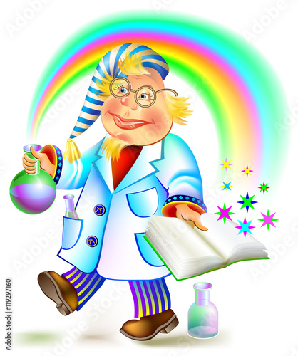 Illustration of  alchemist holding bulb and book, vector cartoon image.