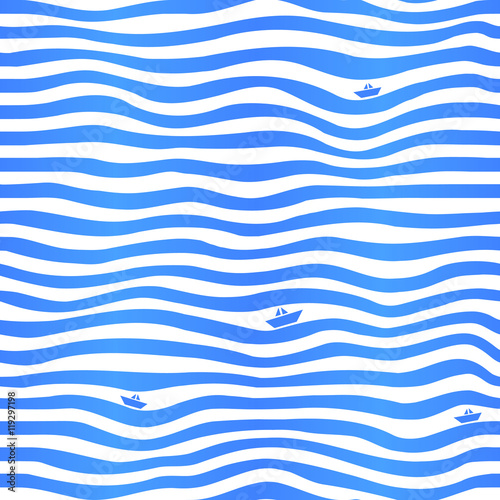 Blue stripes wavy simple background with little boats