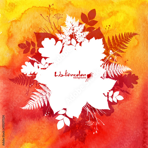 Orange watercolor background with white leaves silhouettes