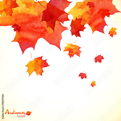Watercolor painted orange maple leaves autumn background