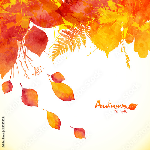 Watercolor painted autumn leaves vector background