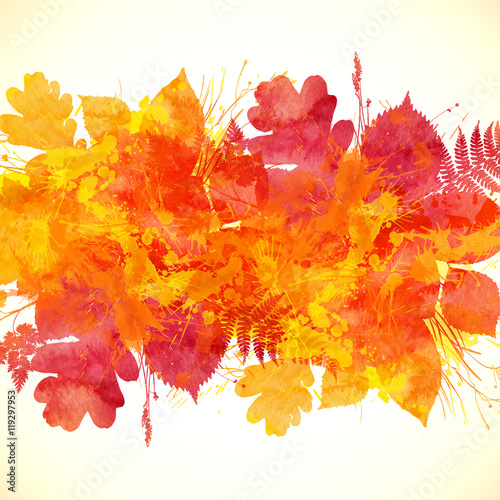 Watercolor painted orange autumn leaves background