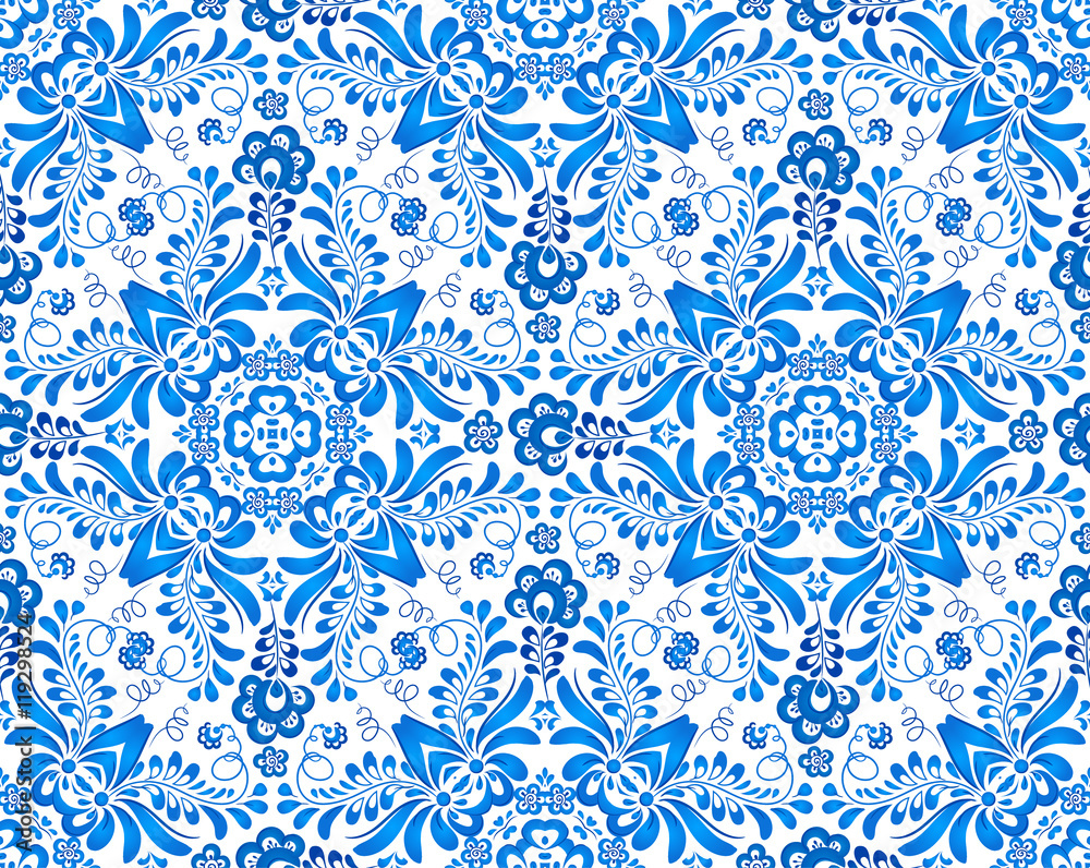 Blue floral seamless pattern in Russian gzhel style
