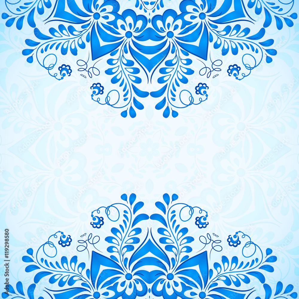 Blue greeting card template with floral pattern in gzhel style