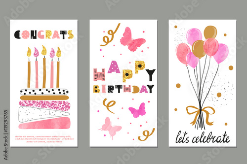 Set of watercolor birthday greetings card design. Vector illustration. 