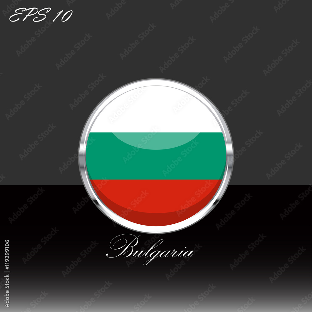Republic of Bulgaria flag isolated on black background. Bulgarian flag button in chrome ring. Bulgaria sport competition participant. Web button, language sign, print graphic element. Clip art icon Republic of Bulgaria flag isolated on black background. Bulgarian flag button in chrome ring. Bulgaria sport competition participant. Web button, language sign, print graphic element. Clip art icon
