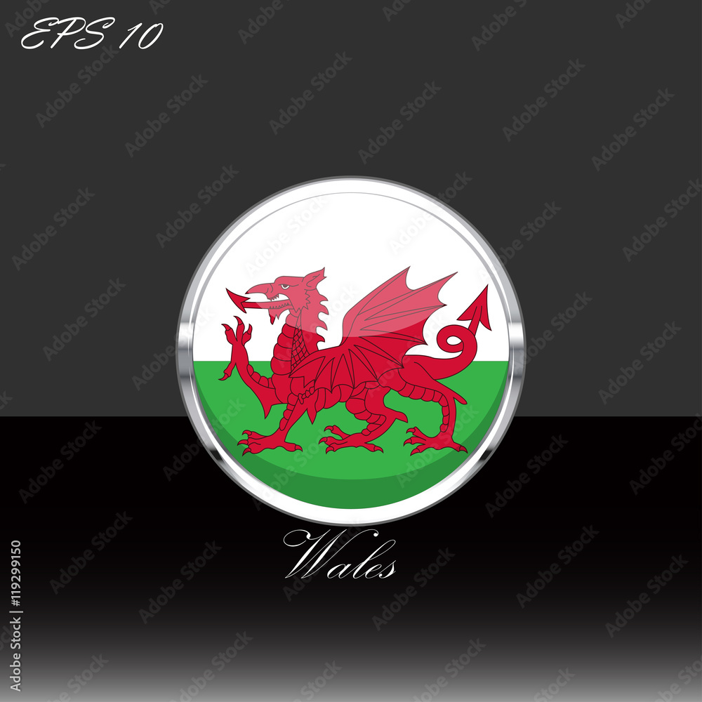 Wales flag isolated on black background. Welsh flag button in silver chrome ring. Wales sport competition participant. Web button, language sign, print graphic element. Clip art illustration icon Wales flag isolated on black background. Welsh flag button in silver chrome ring. Wales sport competition participant. Web button, language sign, print graphic element. Clip art illustration icon